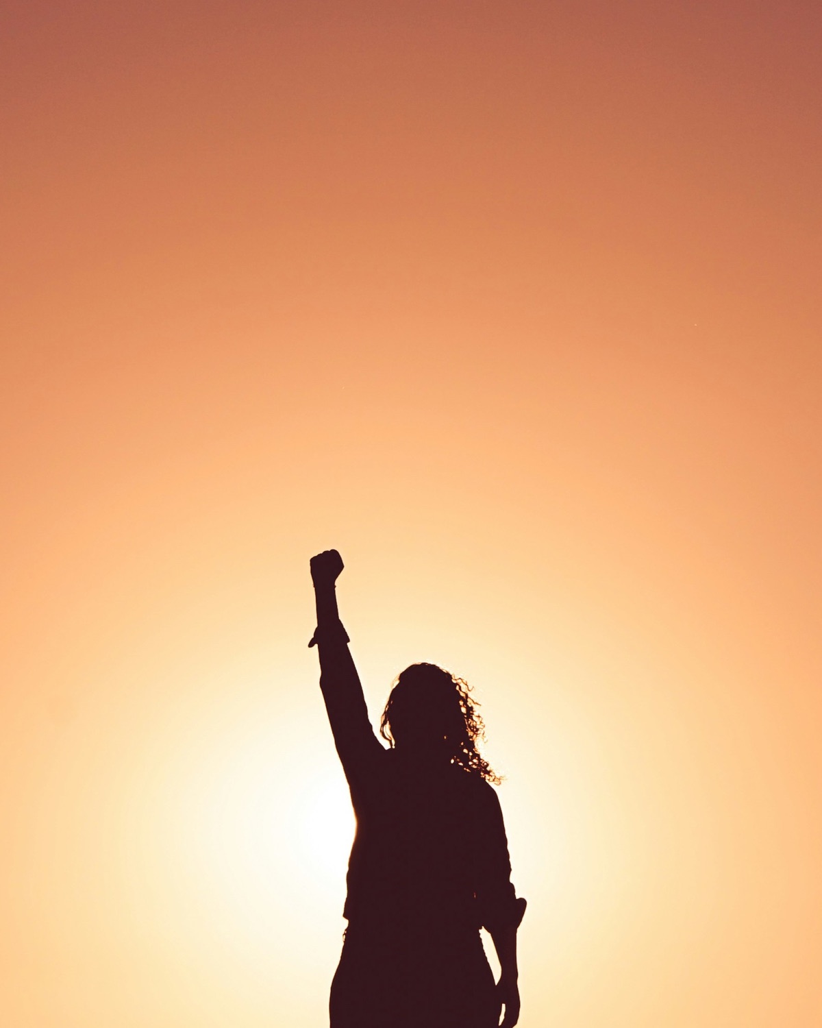 A woman silhouetted against a sunset, one fist raised in triumph